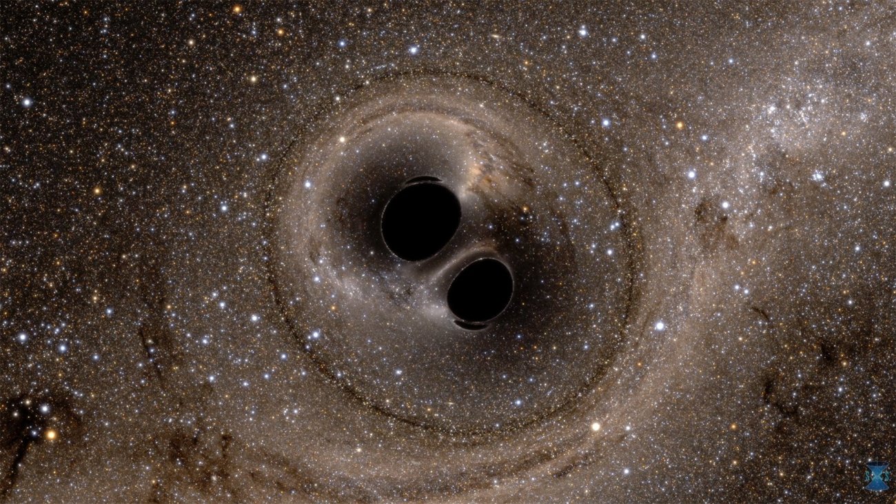 Symulowany obraz łączących się czarnych dziur.