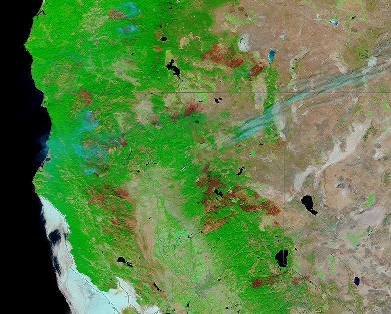 Katastrofalne pożary w Kalifornii (kolor czerwony) Źródło: NASA MODIS Imagery