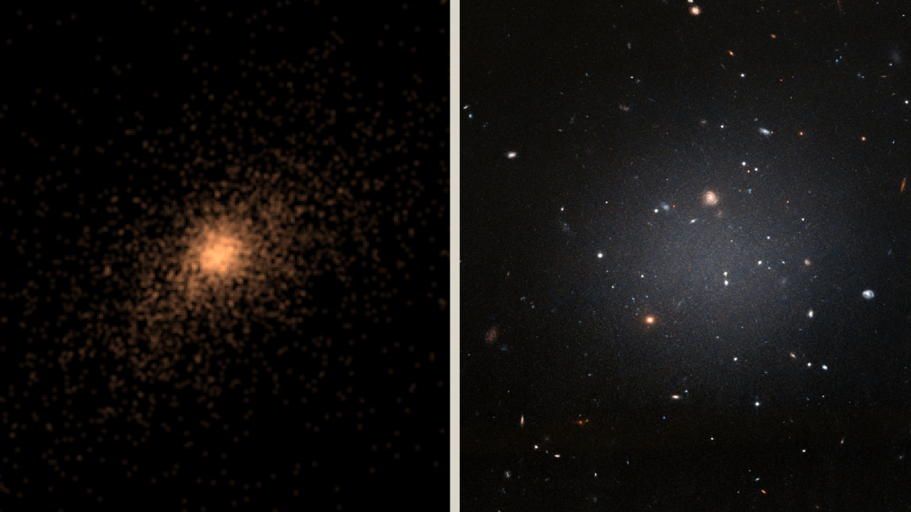Po lewej, jedna ze skrajnie rozproszonych galaktyk, które były analizowane w symulacji. Po prawej obraz galaktyki DF2, która jest prawie przezroczysta.