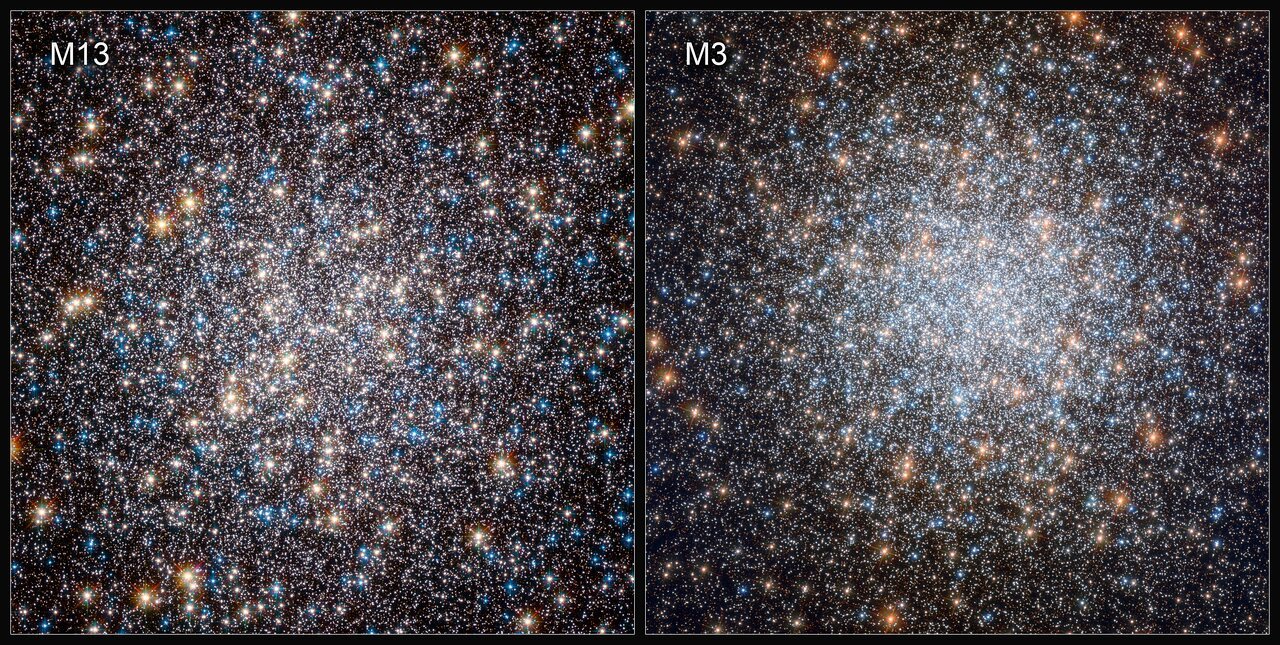 Widok z Hubble'a na M13 (2010 roku) i M3 (2019 rok)