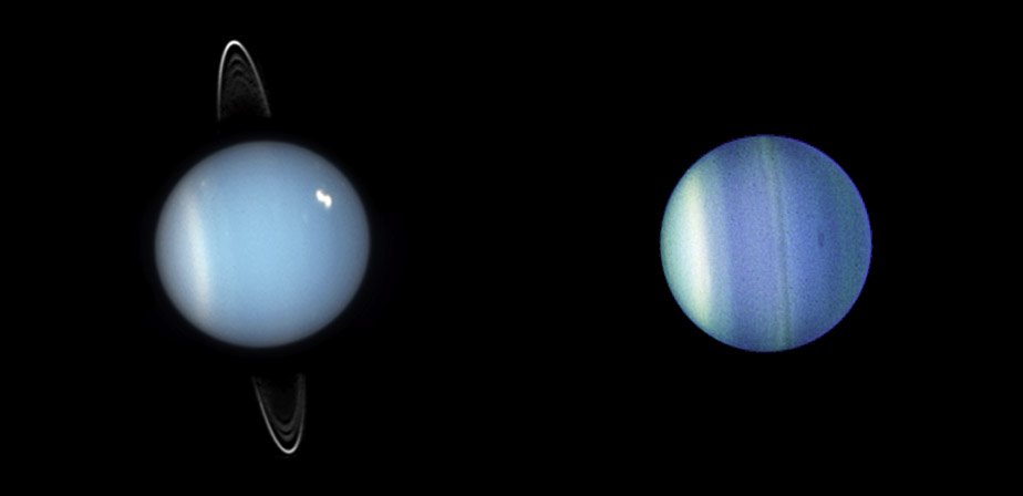 Zdjęcia z Kosmicznego Teleskopu Hubble’a: Uran i jego pierścienie sfotografowane w roku 2005 (po lewej) oraz Uran rok później, z pełną pasów atmosferą i tajemniczą ciemną burzą. Źródło: NASA, ESA