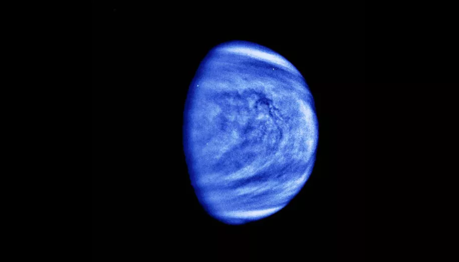 Wenus sfotografowana przez sondę Galileo 14 lutego 1990 roku. Ten obraz został sztucznie uwydatniony niebieskim odcieniem, aby lepiej ukazać szczegóły chmur. Źródło: NASA/JPL