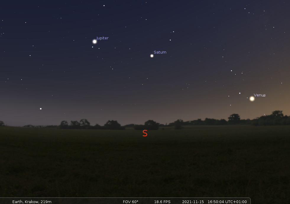 Listopadowe (2021 r.) południowe niebo nad Krakowem. Źródło: Stellarium