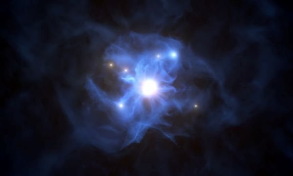 Sześć galaktyk, które według astronomów mogą być po prostu najjaśniejszymi galaktykami w większej grupie, znaleziono niedawno w okolicy supermasywnej czarnej dziury we wczesnym Wszechświecie. Po raz pierwszy naukowcy znaleźli tak zwartą grupę galaktyk powstałych niedługo po Wielkim Wybuchu. Źródło: ESO/L. Calçada