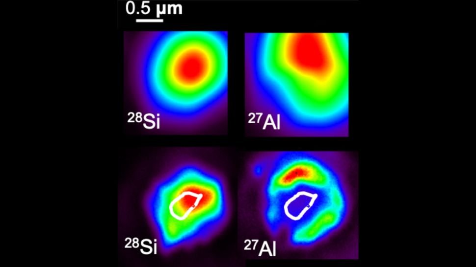 Obraz z mikroskopu elektronowego przedstawiający mikronowe ziarno gwiezdnego pyłu zawierające węglik krzemu w meteorycie Murchinson. Źródło: NASA, Nan Liu / Andrew Davis