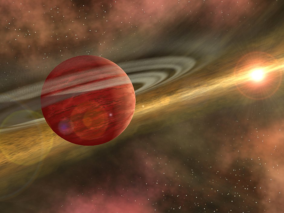 Wizja artystyczna gazowego olbrzyma formującego się w dysku protoplanetarnym swojej macierzystej gwiazdy.