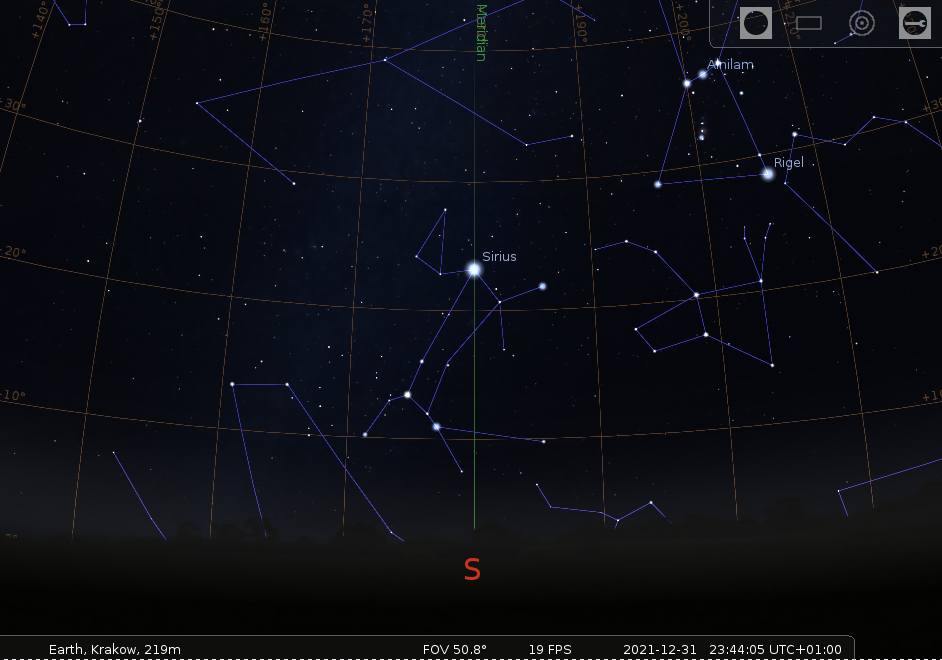 Na zdjęciu: Sylwestrowa noc – Syriusz przechodzi przez południk. Źródło: Stellarium. 