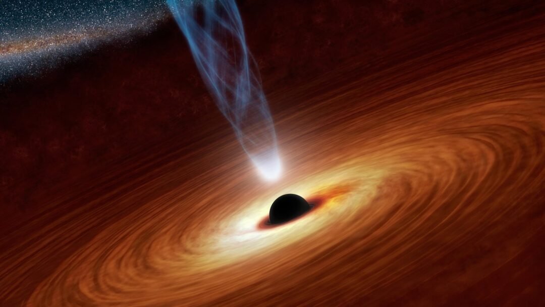 Wizja artystyczna AGN, z centralną czarną dziurą otoczoną płaskim, rotującym dyskiem akrecyjnym.