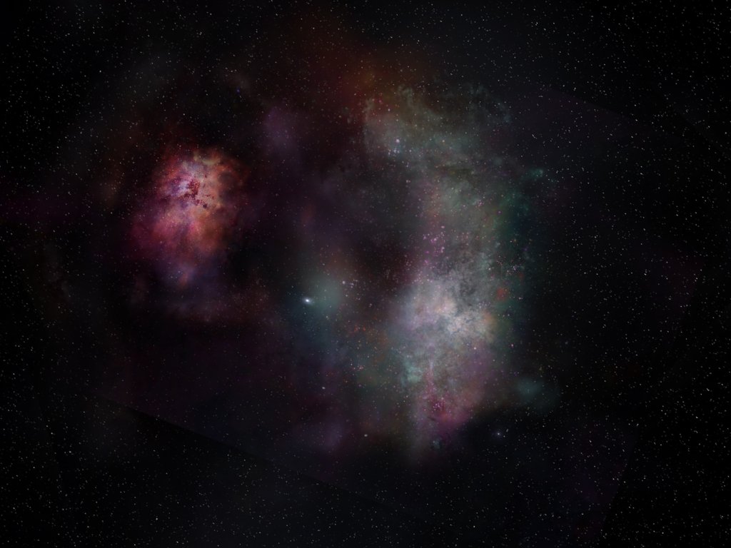 Wizja artystyczna pokazująca kontinuum pyłowe oraz linie molekularne tlenku węgla i wody widoczne w parze galaktyk znanej jako SPT0311-58.
