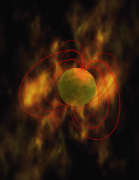 Na ilustracji: wizja artystyczna gwiazdy neutronowej o ekstremalnie silnym polu magnetycznym, czyli magnetara z zaznaczonymi liniami sił pola magnetycznego. Źródło: Wikipedia