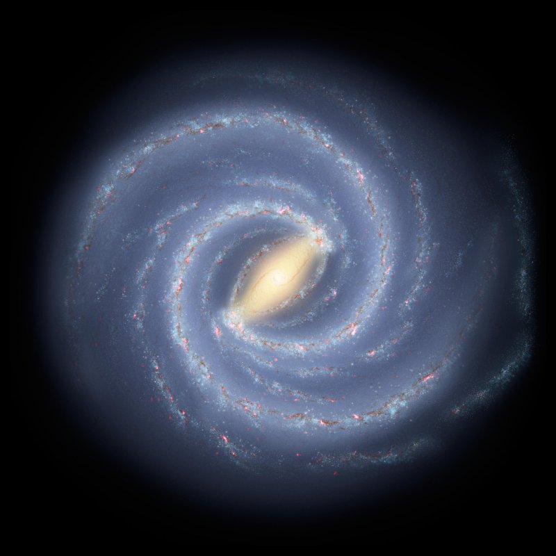 Na ilustracji wizja artystyczna Drogi Mlecznej widzianej z góry według aktualnego stanu wiedzy (2020 rok). Badania kształtu, wielkości i liczby ramion spiralnych są trudne, ponieważ jesteśmy wewnątrz naszej Galaktyki. Źródło: NASA/JPL-Caltech