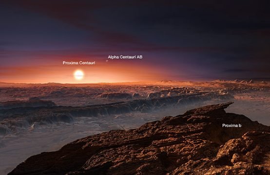 Tak może wyglądać niebo nad Proximą Centauri b, jeśli planeta ta ma powierzchnię i atmosferę. Źródło: ESO / M. Kornmesse Źródło: NASA/Roscosmos