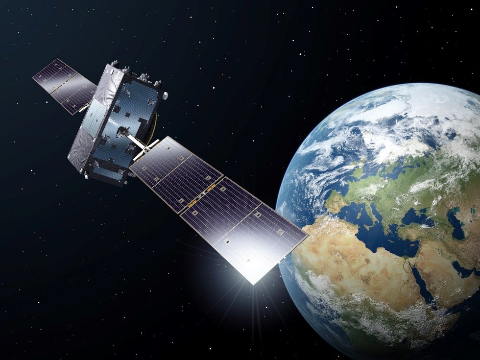 Wizualizacja satelity Galileo ponad Ziemią. Źródło: ESA