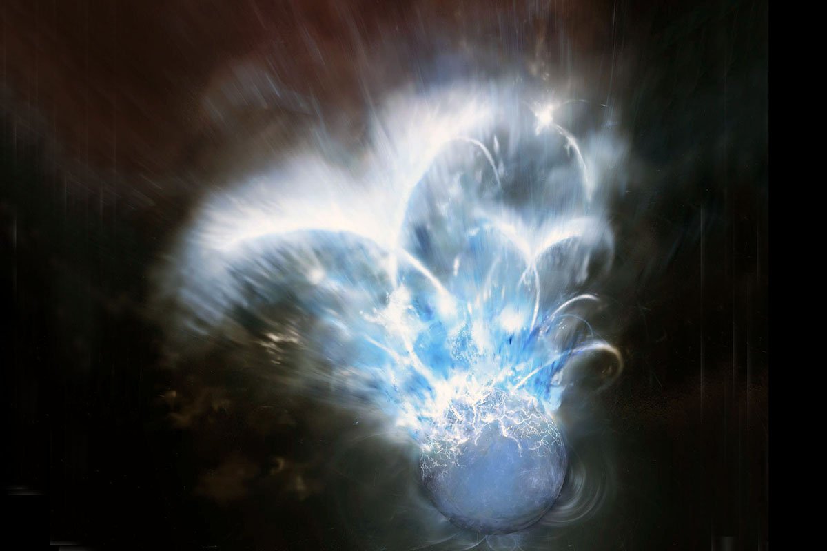Potężny rozbłysk promieniowania rentgenowskiego z magnetara, czyli "supermagnetycznej" wersji gwiazdy neutronowej (wizja artystyczna). Źródło: NASA Goddard Space Flight Center/Chris Smith (USRA).