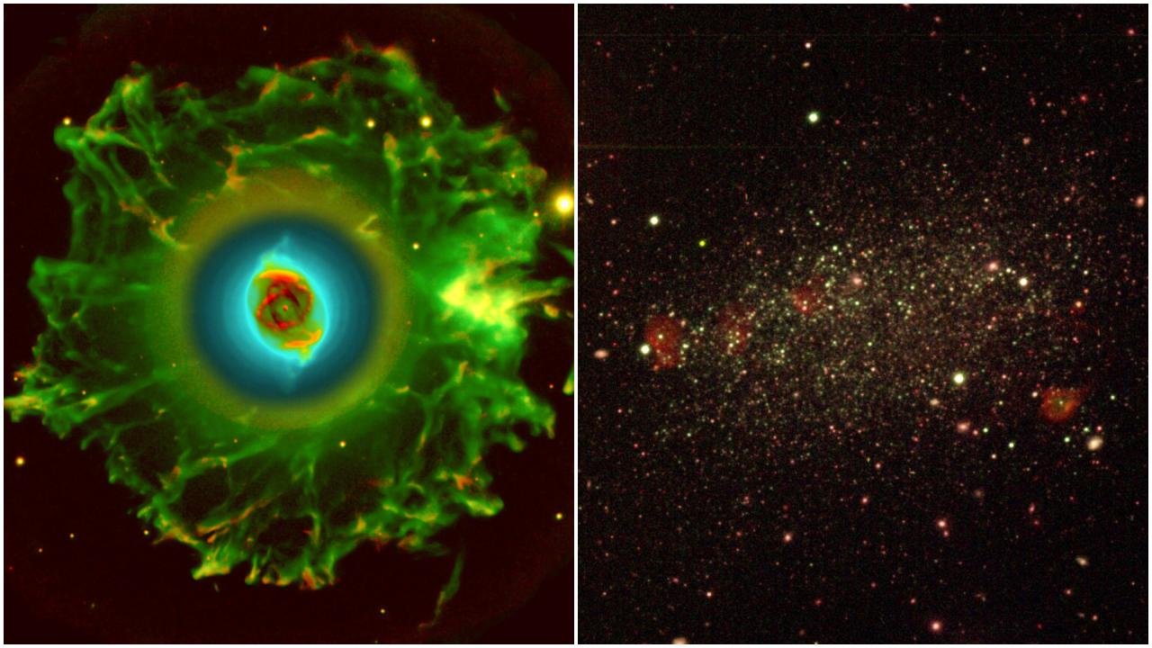 Mgławica „Kocie Oko” w naszej Galaktyce. W odległości od galaktyki Andromedy (po prawej) tysiąc razy dalej te mgławice są postrzegane jako „zielone kropki”.