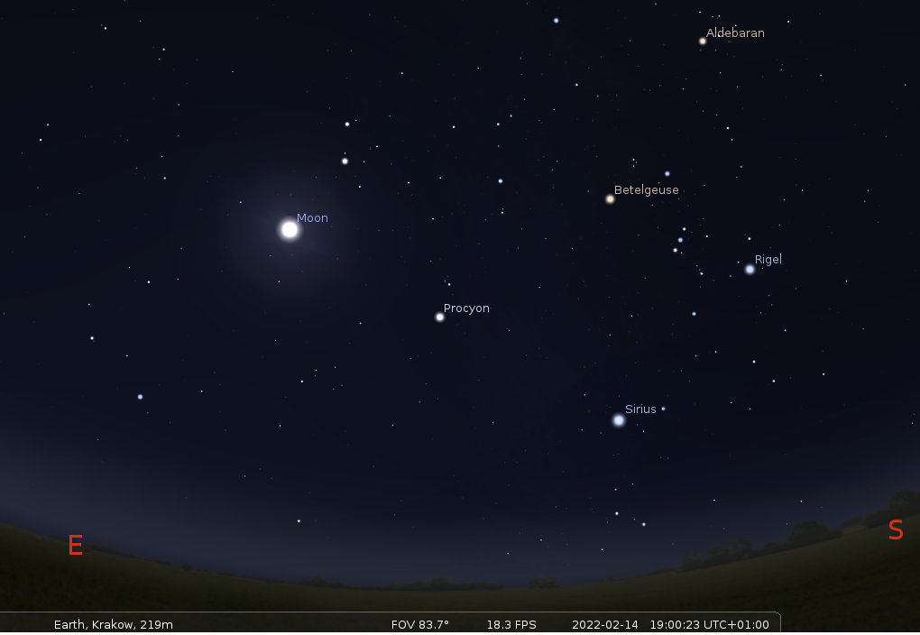 Widok nieba nad Krakowem, 14 lutego 2022 r. o god. 19. Źródło: Stellarium