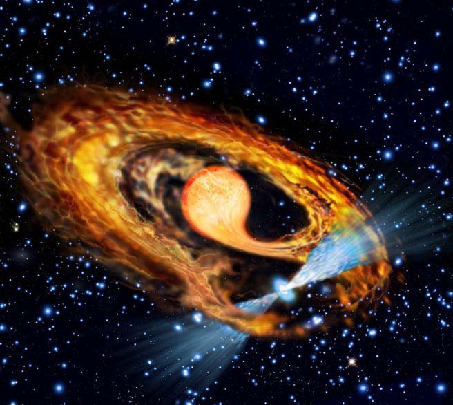 Wizja artystyczna pulsara milisekundowego i jego towarzysza.
