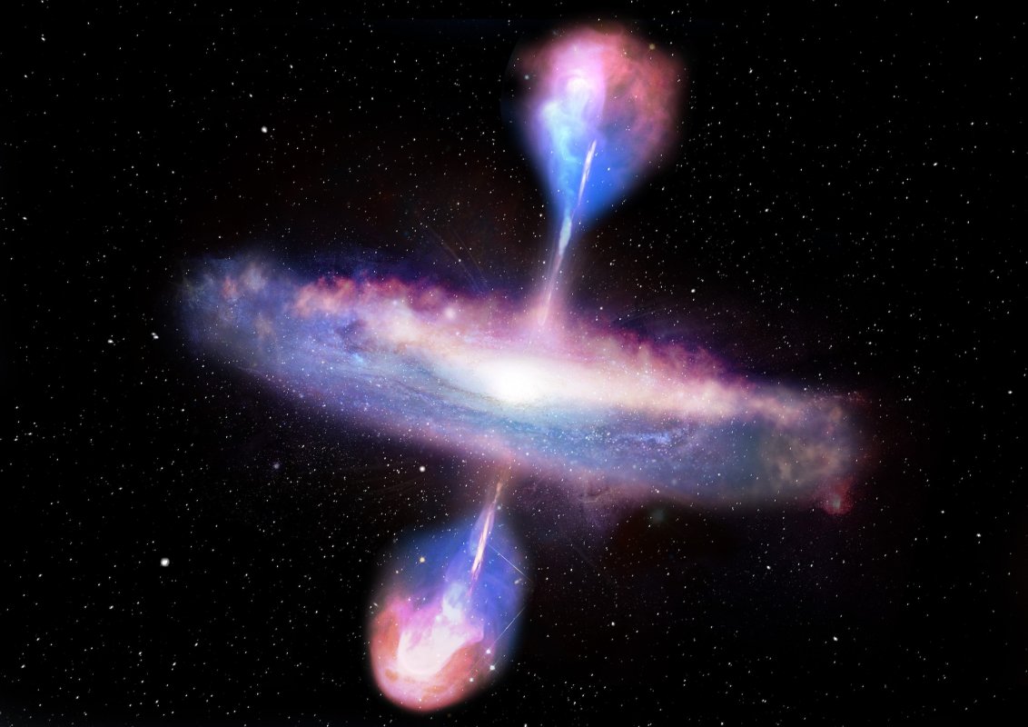 Wizja artystyczna młodej galaktyki goszczącej kwazar: niezwykle jasne jądro galaktyki zasilane przez supermasywną czarną dziurę.