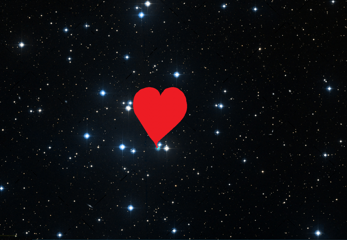 Na ilustracji: obraz otwartej gromady gwiazdowej Praesepe (Żłóbek) z przeglądu nieba Sloan Digital Sky Survey o polu widzenia ~1° z zaznaczoną pozycją HD 73619, czyli gwiazdowego układu podwójnego pulsującego w rytmie serca. Na zdjęciu pozycja HD 73619 jest wskazana za pomocą symbolicznego apex cordis. Źródło: Sloan Digital Sky Survey