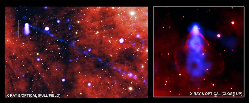 Zdjęcie włókna materii i antymaterii rozciągającego się od stosunkowo niedużego pulsara.