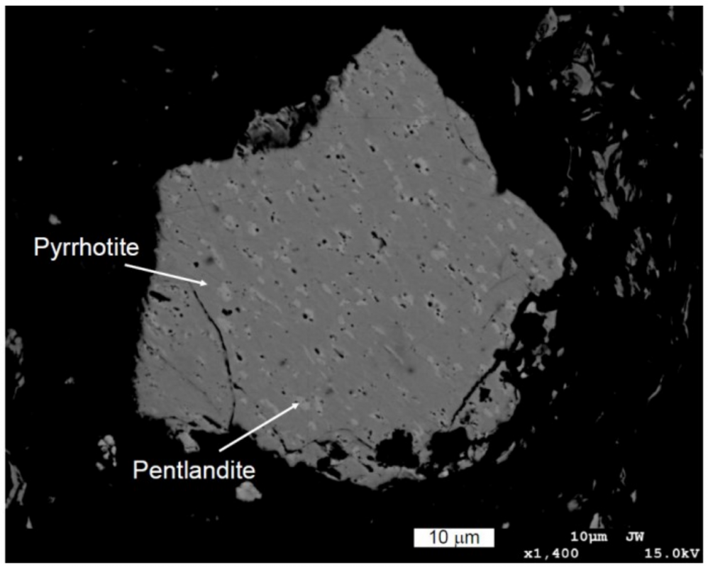 obraz ze skaningowego mikroskopu elektronowego wykorzystującego wsteczne rozpraszanie elektronów (BSE), przedstawiający minerały siarczkowe w meteorycie Jbilet Winselwan