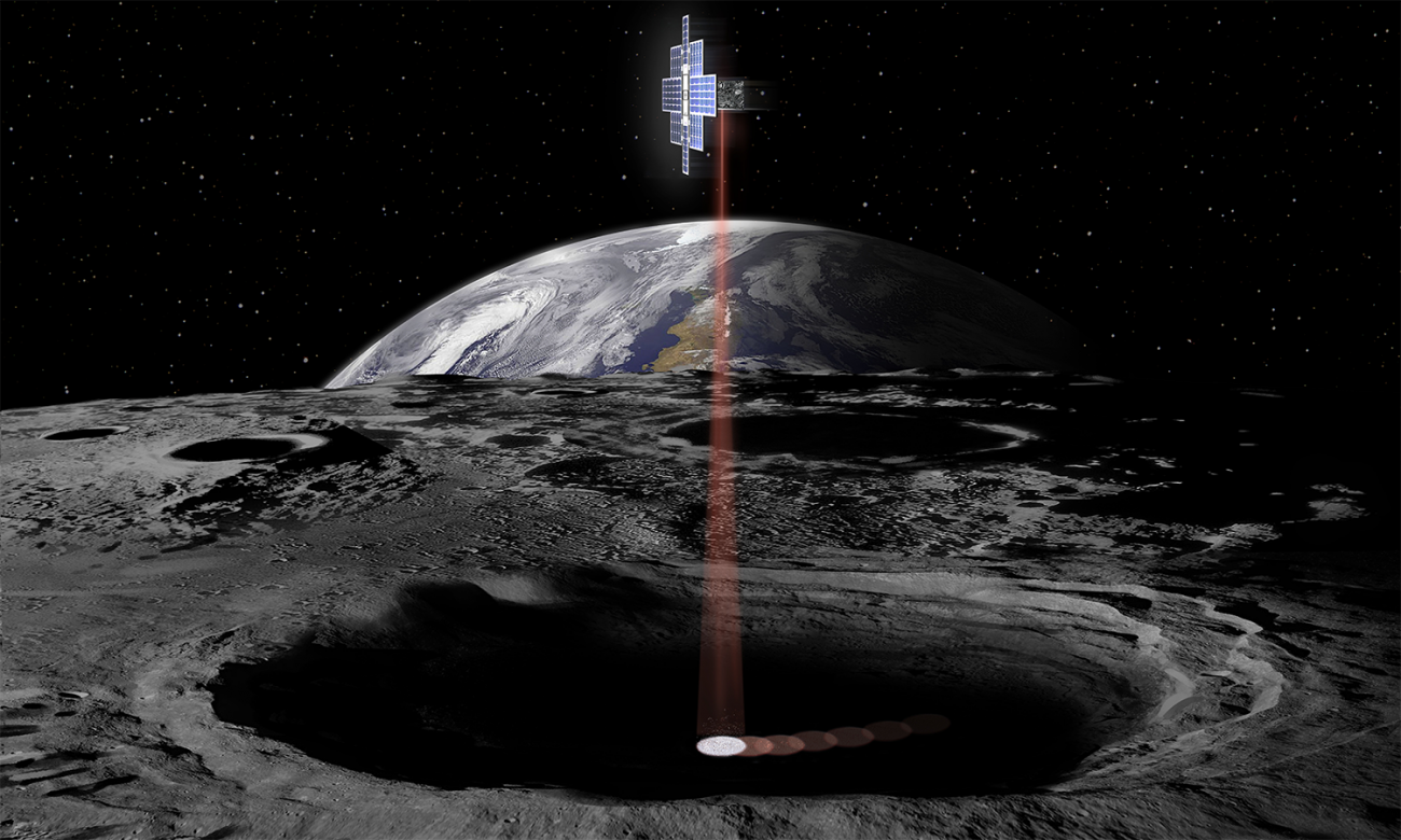 Grafika pokazująca Lunar Flashlight - CubeSat, który miałby używać laserów do poszukiwania wodnego lodu