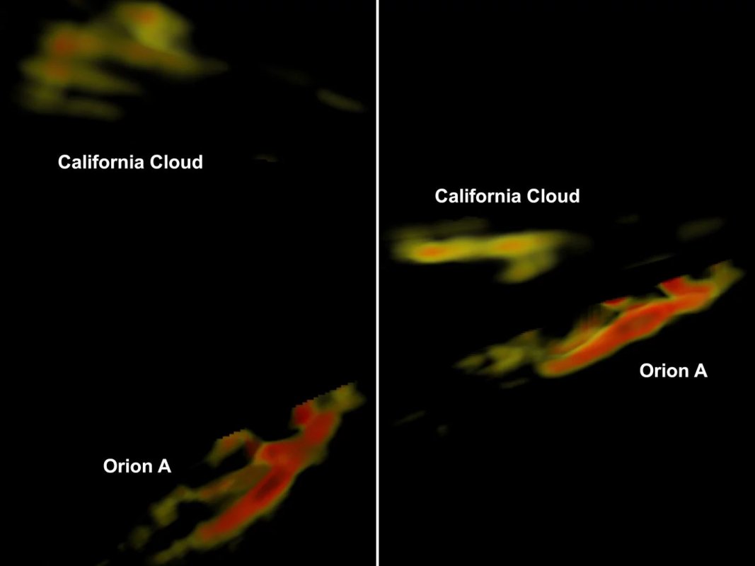 Kształt Obłoku Kalifornia i Obłoku Oriona A z dwóch różnych perspektyw w rozdzielczości przestrzennej 15 lat świetlnych.