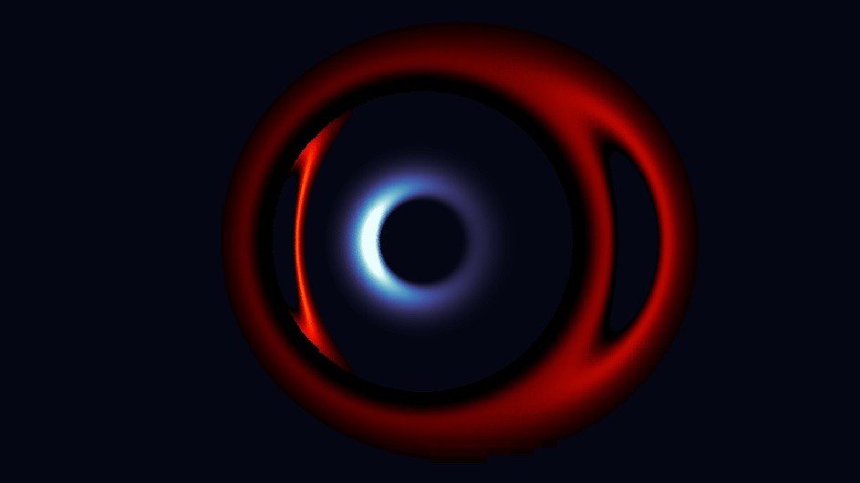 W symulacji połączenia supermasywnych czarnych dziur, czarna dziura przesunięta ku błękitowi znajdująca się najbliżej widza wzmacnia przesuniętą ku czerwieni czarną dziurę znajdującą się z tyłu poprzez soczewkowanie grawitacyjne.