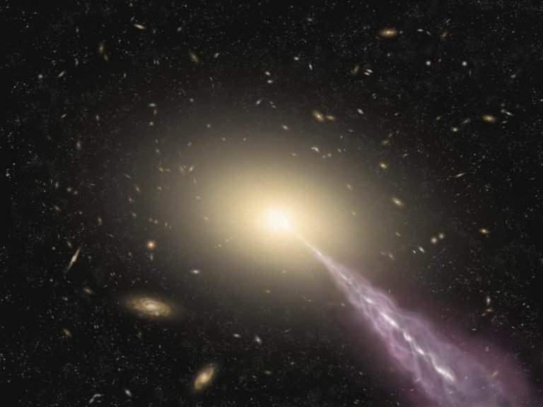 Wizja artystyczna olbrzymiej galaktyki z wysokoenergetycznym dżetem.