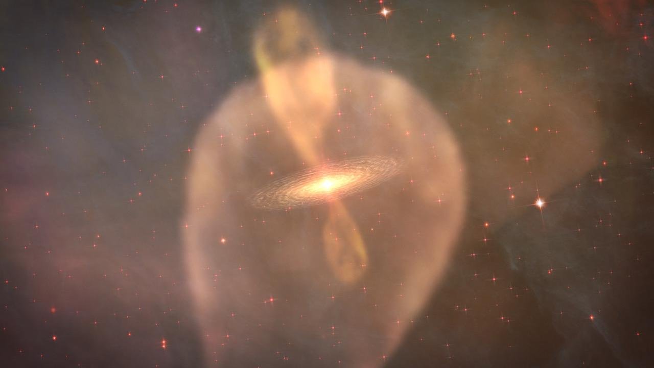 Wizja artystyczna dysku protoplanetarnego 170-337 oraz wyłaniającego się z niego strumienia gazu HH514.
