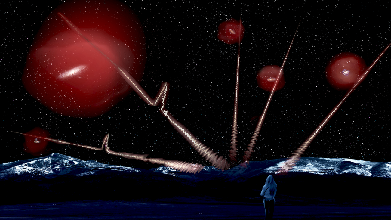 Wizja artystyczna przedstawiająca odległe, szybkie błyski radiowe przebijające gazowe halo wokół galaktyk w lokalnym Wszechświecie.