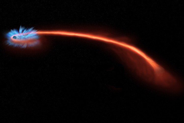 Wizja artystyczna gwiazdy rozrywanej przez siły pływowe masywnej czarnej dziury.