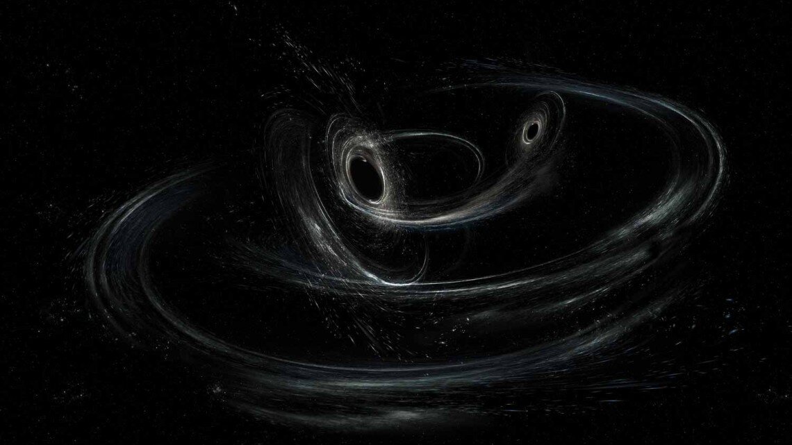 Wizja artystyczna przedstawiająca dwie czarne dziury zbliżające się do połączenia.
