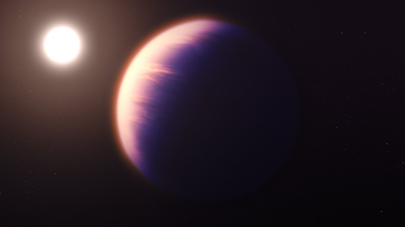 Wizja artystyczna pokazująca, jak mogłaby wyglądać egzoplaneta WASP-39b, na podstawie obecnego zrozumienia planety.