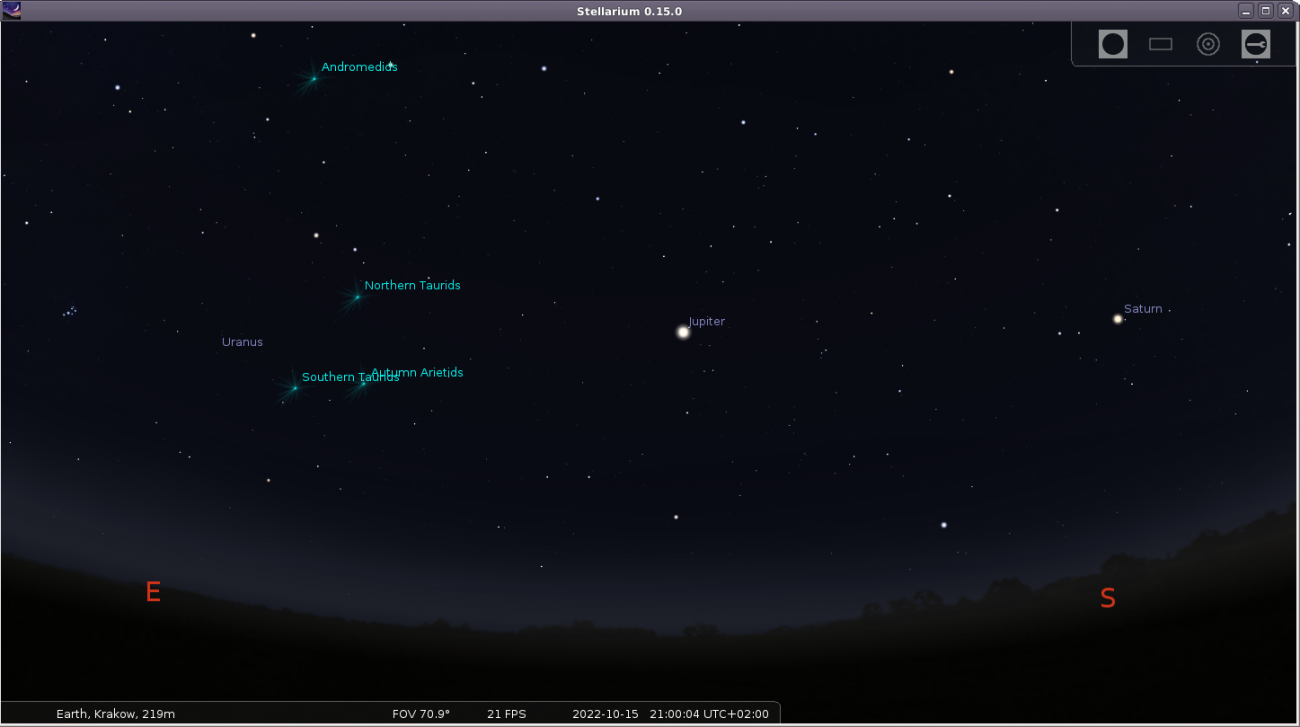 Na zdjęciu: Niebo nad Krakowem (S-E), 15 X 2022 r., godz. 21. Źródło: Stellarium