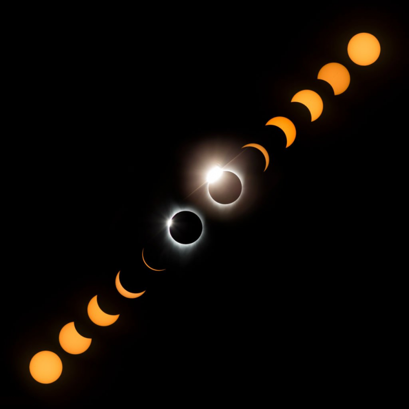 Na ilustracji: Kilka połączonych zdjęć przedstawiających wiele etapów zaćmienia Słońca w 2017 roku zarejestrowanego w dolinie Willamette w stanie Oregon. Źródło: Jon Larson, Carlton, OR, United States.