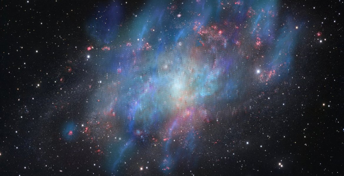 Wizja artystyczna wiatrów napędzanych promieniami kosmicznymi nałożona na obraz galaktyki M33.