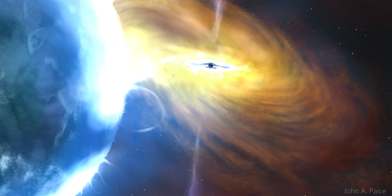 Wizja artystyczna układu Cygnus X-1, z czarną dziurą w centrum i towarzyszącą jej gwiazdą.
