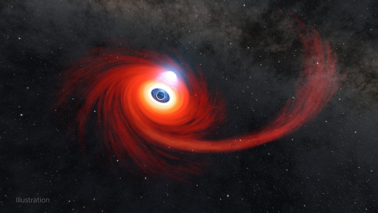 Dysk gorącego gazu wiruje wokół czarnej dziury. Strumień gazu rozciągający się w prawo jest pozostałością po gwieździe rozerwanej przez czarną dziurę.
