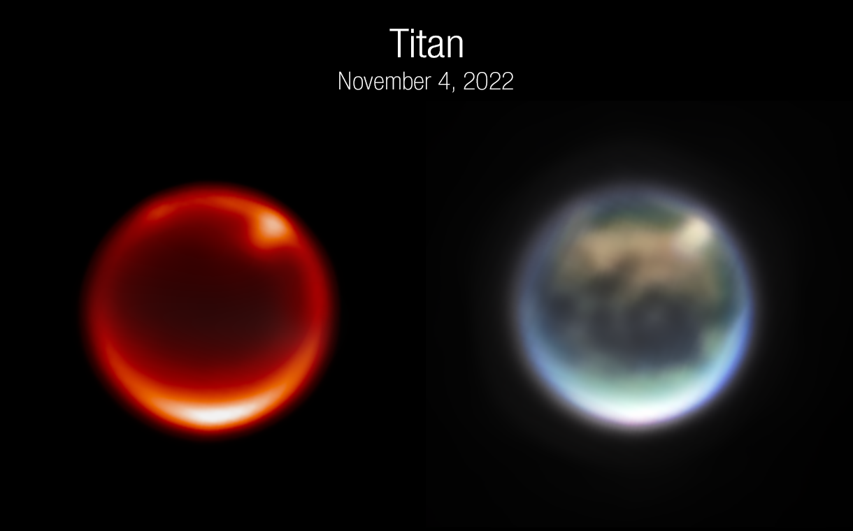 Na ilustracji obrazy Tytana – największego księżyca Saturna, uzyskane z pomocą Teleskopu Webba i kamery NIRCam w dniu 4 listopada 2022 roku. Obraz po lewej pokazuje dolne warstwy atmosfery i chmury na Tytanie w filtrze λ=2,12μm. Obraz po prawej przedstawia powierzchnię i atmosferę Tytana i jest to mozaika zdjęć w kilku filtrach. Widać kilka struktur na powierzchni Tytana: Kraken Mare, Belet, Adri. Źródło: NASA / ESA / CSA / A. Pagan, STScI / Webb Titan GTO Team