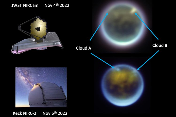 Zmiany zachmurzenia na Tytanie w ciągu 30 godzin pomiędzy 4 i 6 listopada 2022 roku, zaobserwowane przez Teleskop Webba z kamerą NIRCam (po lewej, λ~1,4–1,99μm + jasność  λ~2,09) oraz hawajski teleskop Kecka z kamerą NIRC-2 (po prawej, λ~2,06–2,13μm). Na zdjęciach atmosfera Tytana obraca się od lewej strony do prawej – tak jak ją widzimy z odległej Ziemi i Słońca. Źródło: NASA/STScI/Keck Observatory/Judy Schmidt