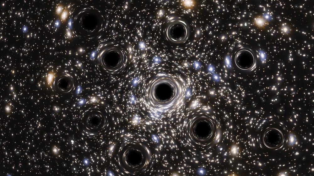 Wizja artystyczna zbioru czarnych dziur w jądrze gromady galaktyk.