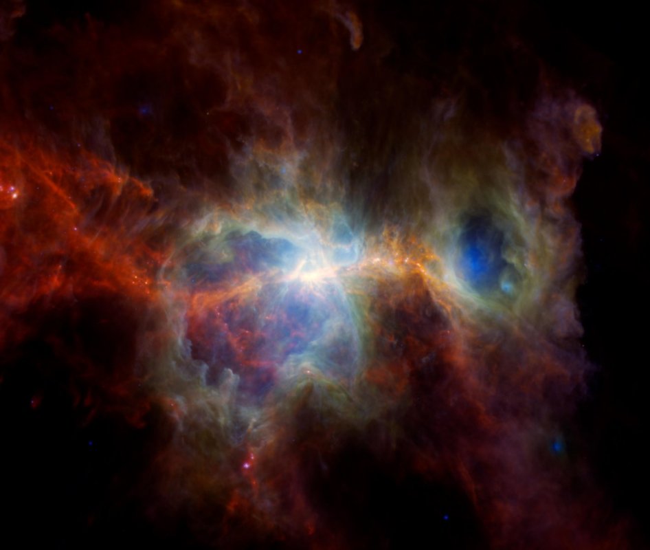 Obraz regionów gwiazdotwórczych w Mgławicy Oriona.