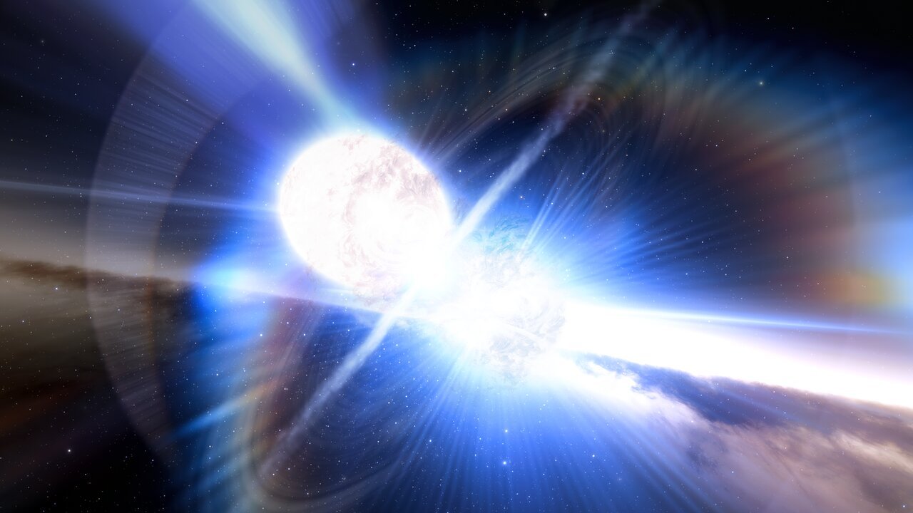 Wizja artystyczna zderzających się gwiazd neutronowych, z których powstaje kilonowa.