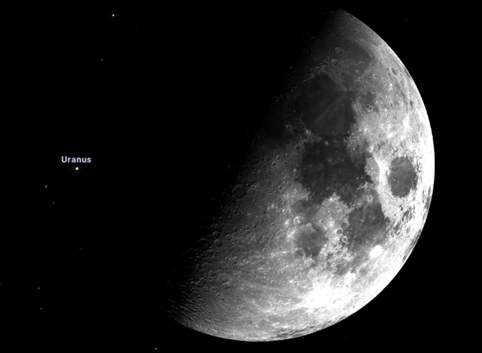 Na ilustracji: Księżyc i Uran w dniu 29 stycznia 2023 roku, tuż przed rozpoczęciem zakrycia. Źródło: https://stellarium-web.org/