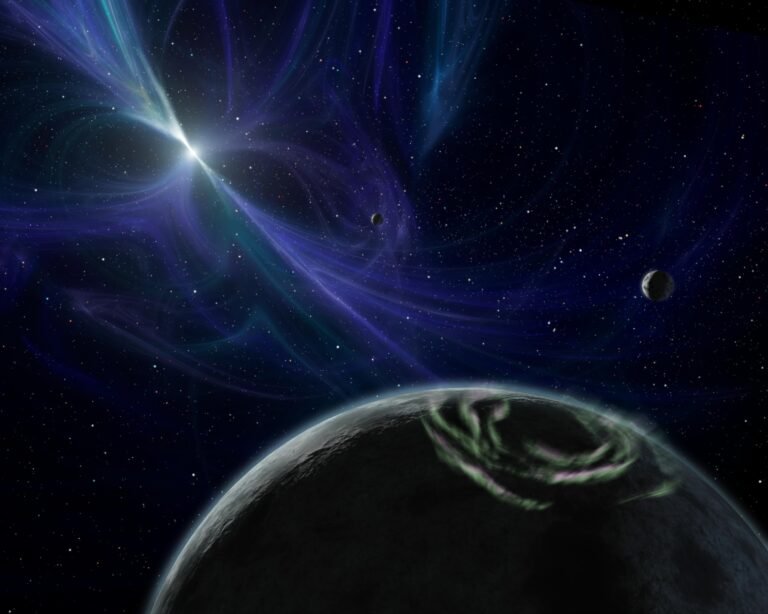 Wizja artystyczna pulsara PSR B1257+12 i jego planet.