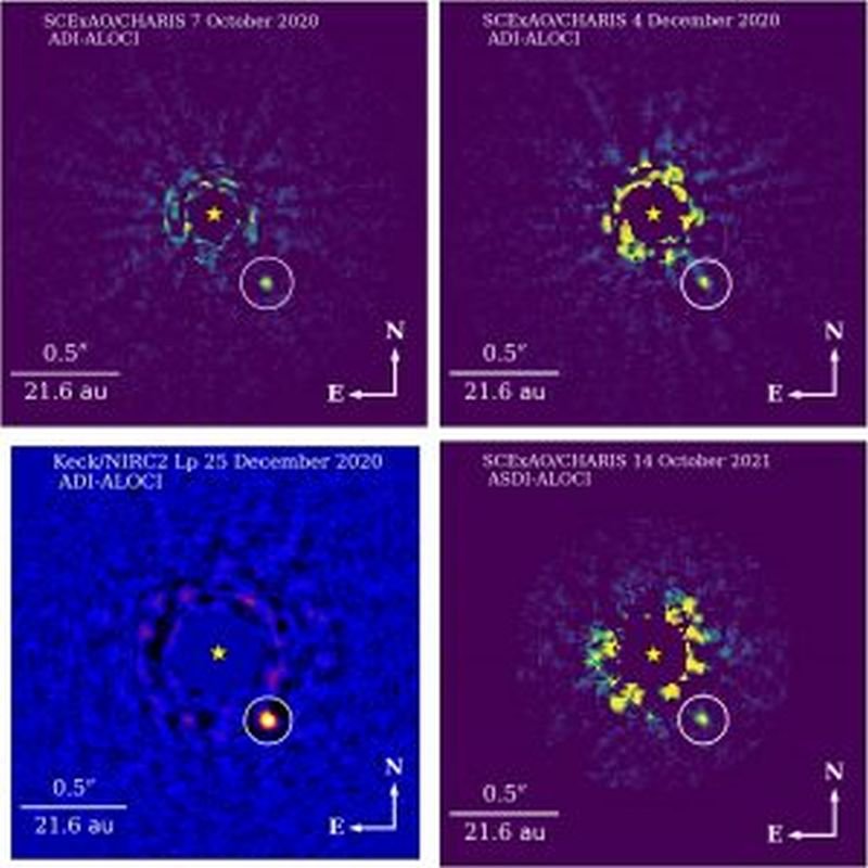 Cztery obrazy brązowego karła HIP 21152 B uchwycone za pomocą Teleskopu Subaru i Obserwatorium Kecka.