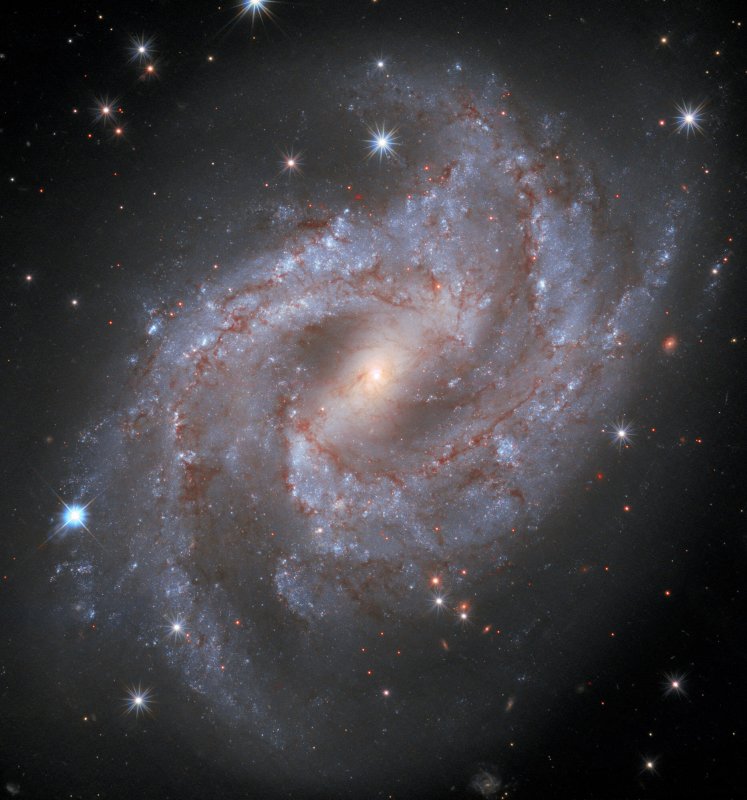 Astronomowie używają jasności absolutnej gwiazd znanych jako supernowe typu IA (jedna z nich jest widoczna tu jako jasnoniebieska kropka, leżąca na lewo od odległej galaktyki spiralnej) do wyznaczania wieku Wszechświata. Nowe kalibracje jasności pobliskich gwiazd mogą pomóc w udoskonaleniu tego rodzaju pomiarów. Źródło: NASA, ESA, J. DePasquale (STScI), M. Kornmesser and M. Zamani (ESA/Hubble), A. Riess (STScI/JHU) and the SH0ES team, and the Digitized Sky Survey