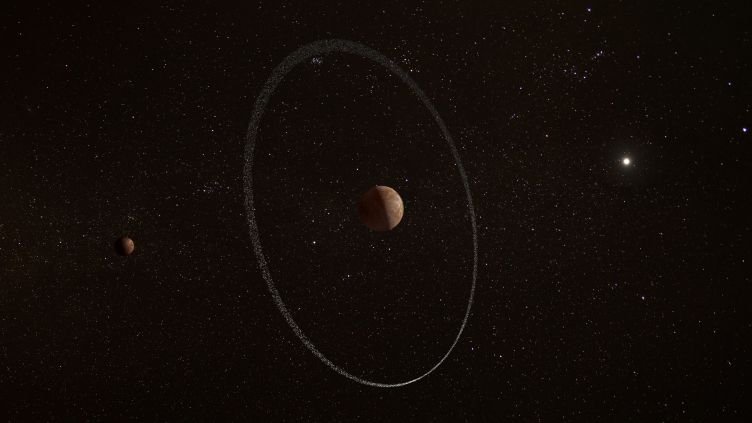 Wizja artystyczna planety karłowatej Quaoar i jej układu pierścieni.