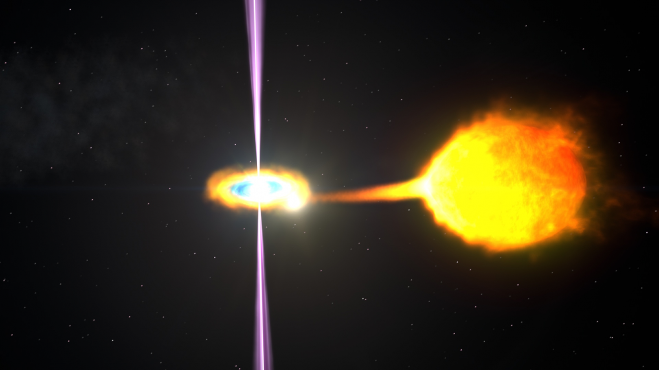 Wizja artystyczna przedstawiająca pulsara typu czarna wdowa, który zaczyna pochłaniać swojego gwiezdnego towarzysza.